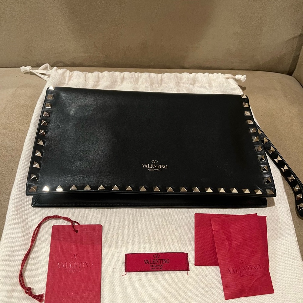 Valentino Black Leather Studded clutch with wristlet, authentic